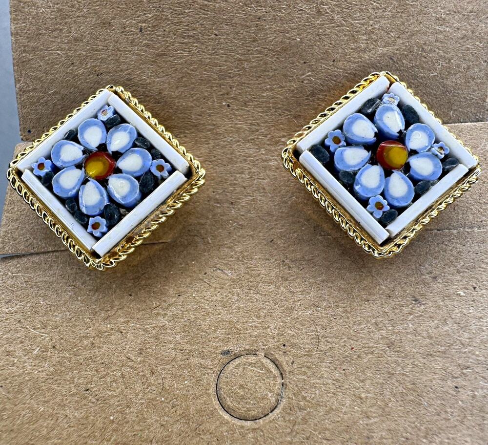 Vintage Italian Micro Mosaic Clip Earrings Floral Gold Tone
